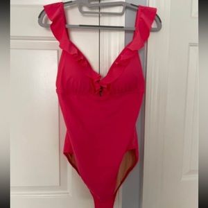 J. Crew Ruffle Shoulder V-neck Swimsuit, Guava, Medium